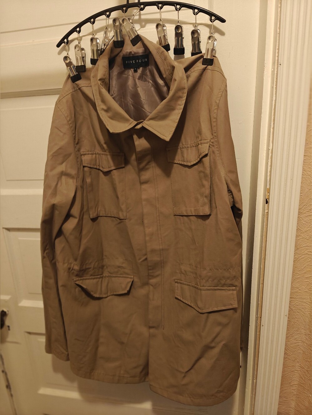 Five Four Men's Khaki Field Jacket Size L Button Front Pockets Mid-Length